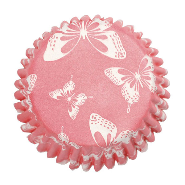 Hartie roz pentru copt briose imprimata cu fluturi albi